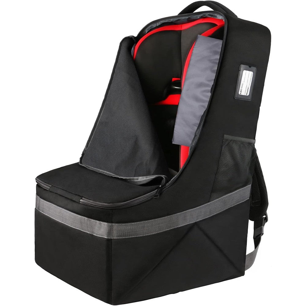 YOREPEK padded car seat travel bag backpack front view showing durable black polyester material.