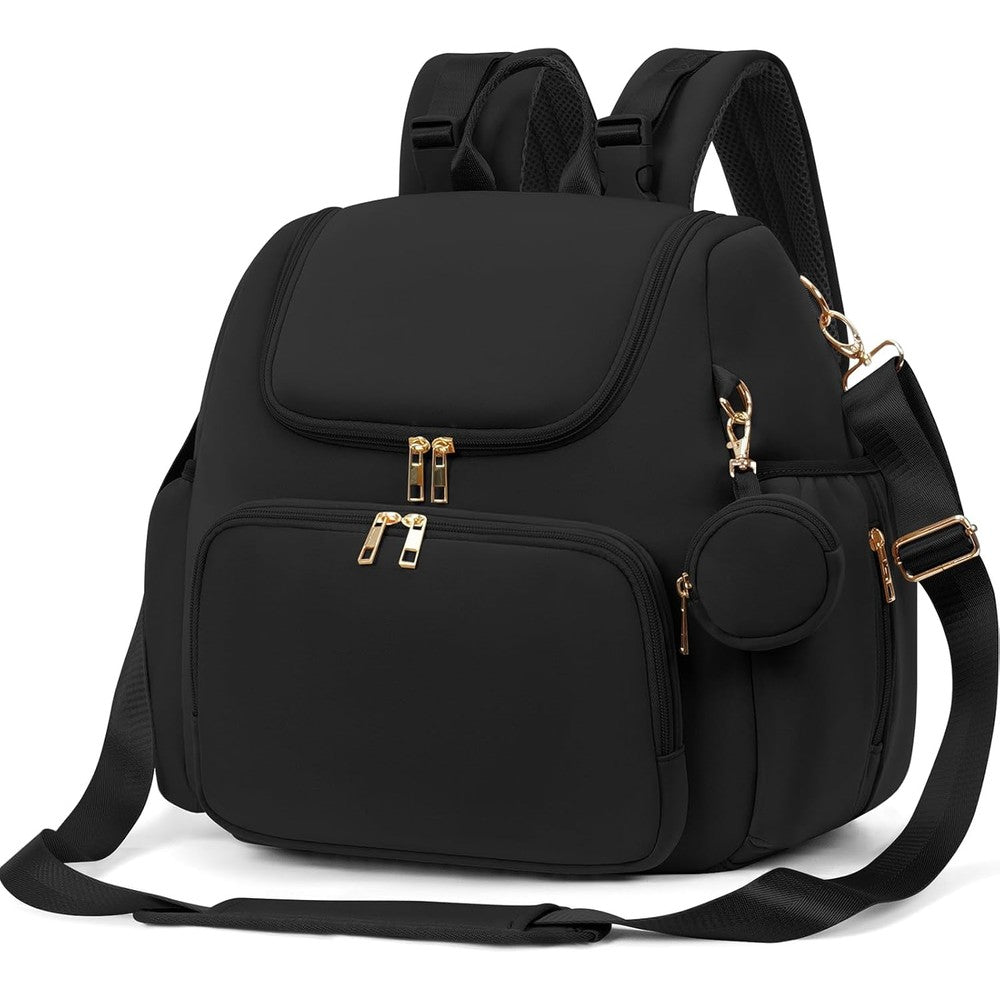 CEI-CEI Neoprene Diaper Bag Backpack in black color showing front view with gold zippers