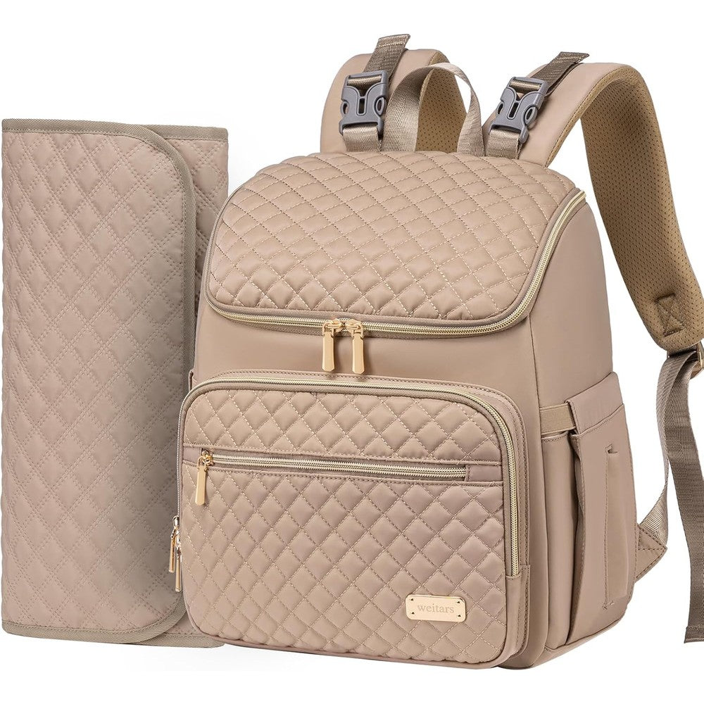 Weitars diaper bag backpack front view in elegant khaki quilted leather