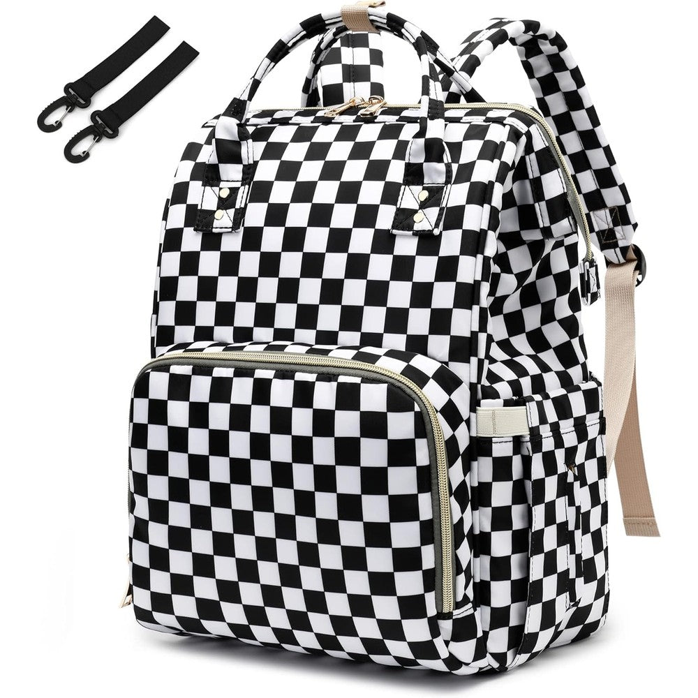 Yusudan checkered diaper bag backpack front view showcasing the pink and white pattern.