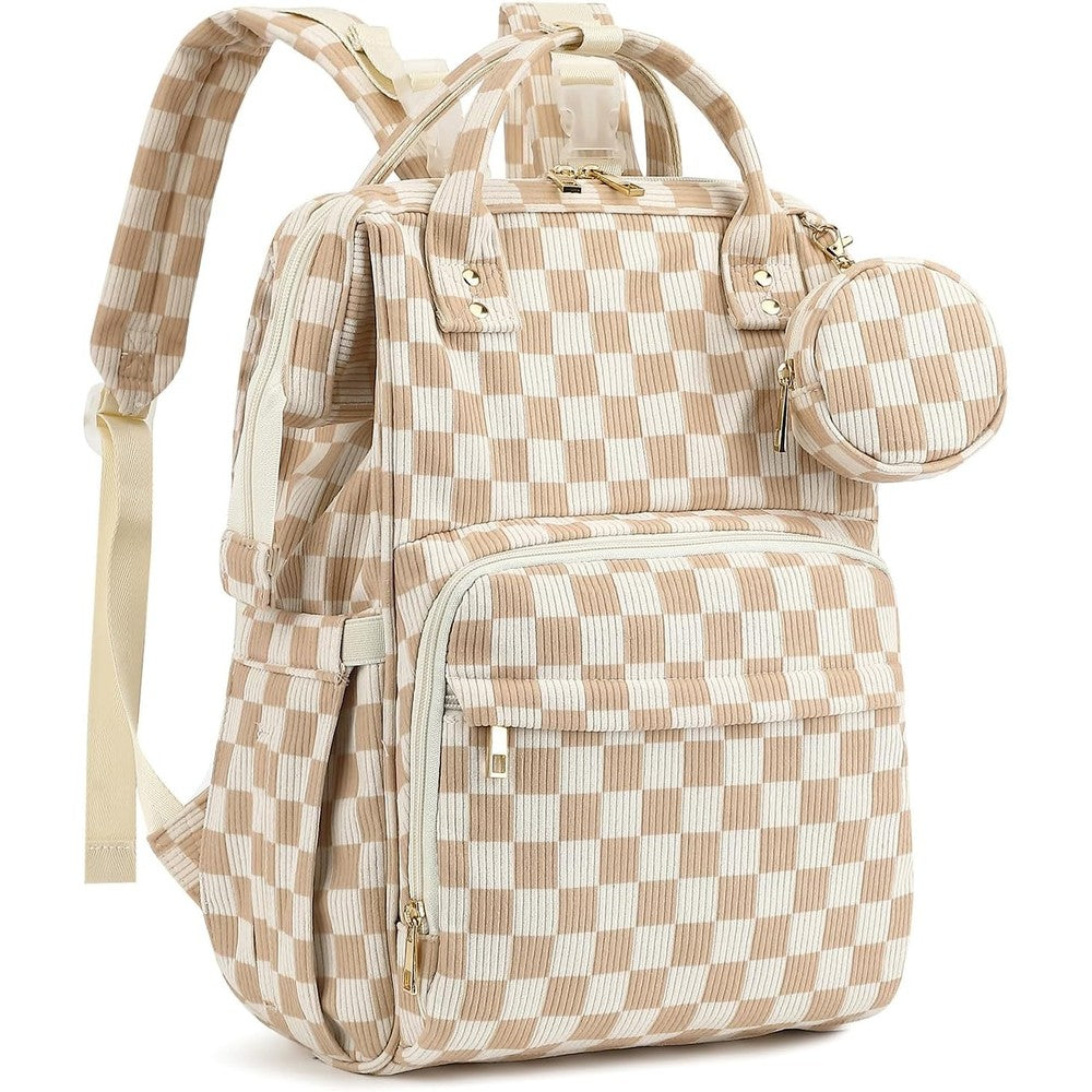 Fufazfo corduroy diaper bag backpack front view in checkered brown fabric