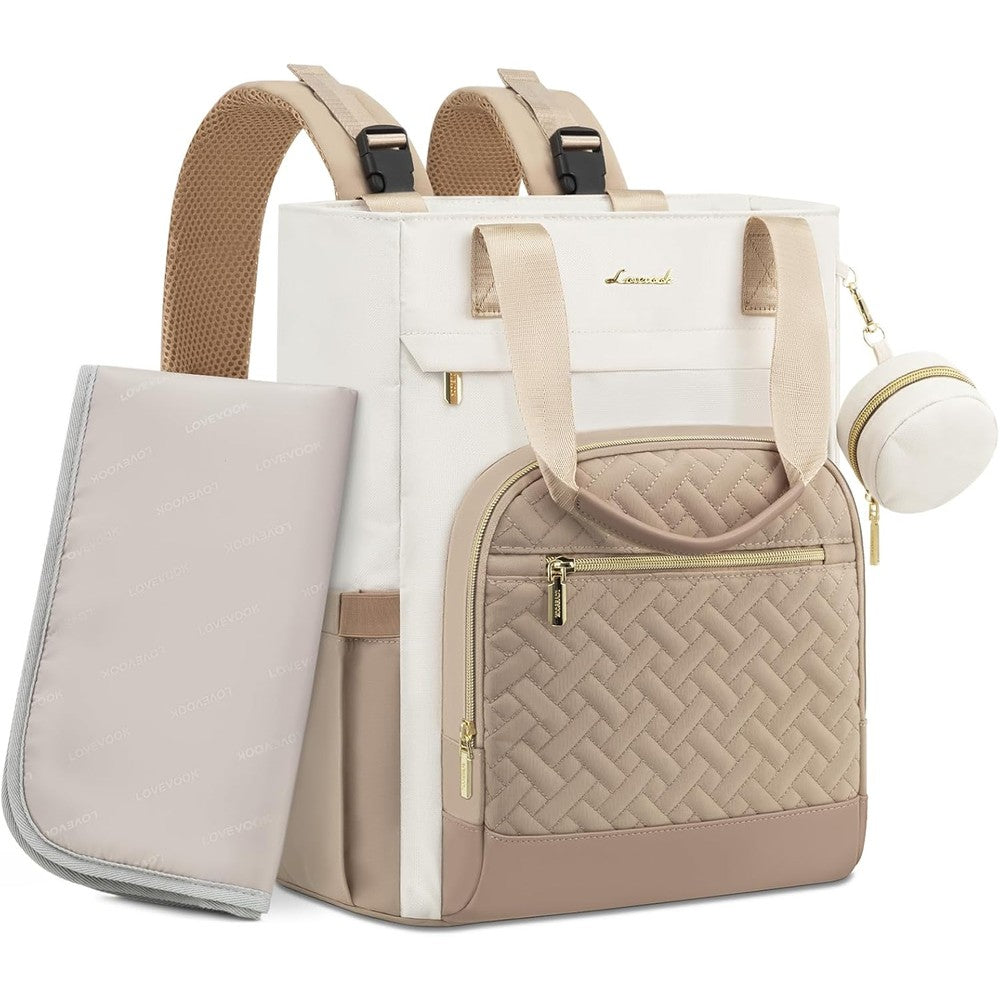LOVEVOOK diaper bag backpack front view in ivory khaki color showing quilted pocket design