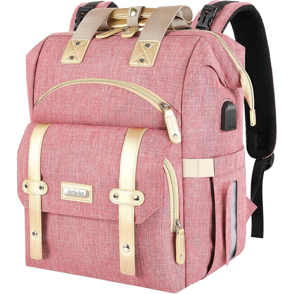 Jiefeike diaper bag backpack front view in pink showing premium water-resistant nylon texture