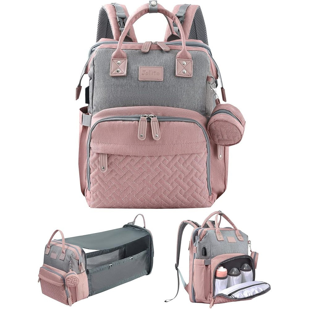 JOLLITO baby diaper bag backpack front view in pink and grey showing quilted pocket design.