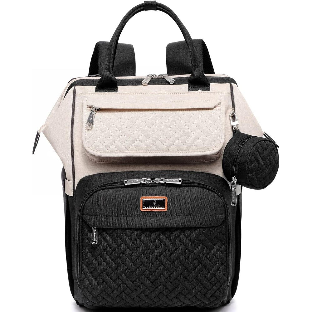 BabbleRoo Unisex Stylish Travel Diaper Bag Backpack in apricot and black front view showcasing quilted design