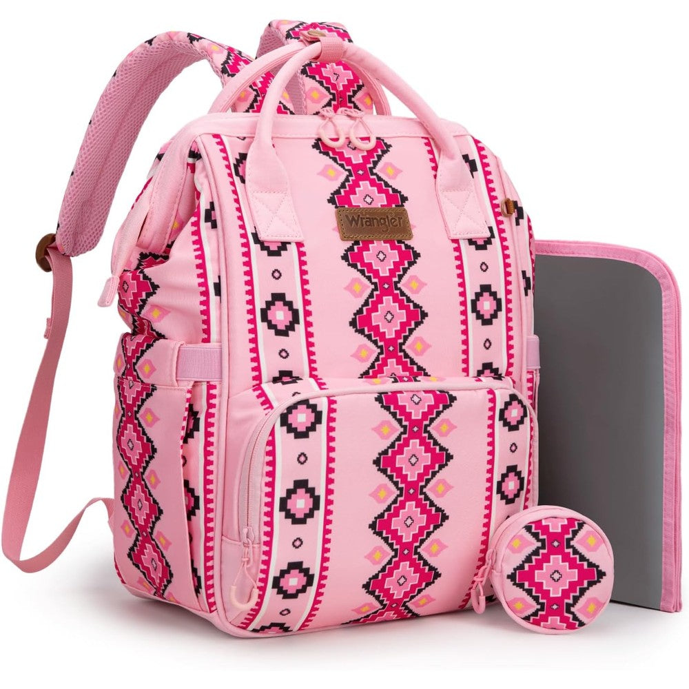 Montana West Wrangler diaper bag backpack front view showcasing western Aztec pattern.