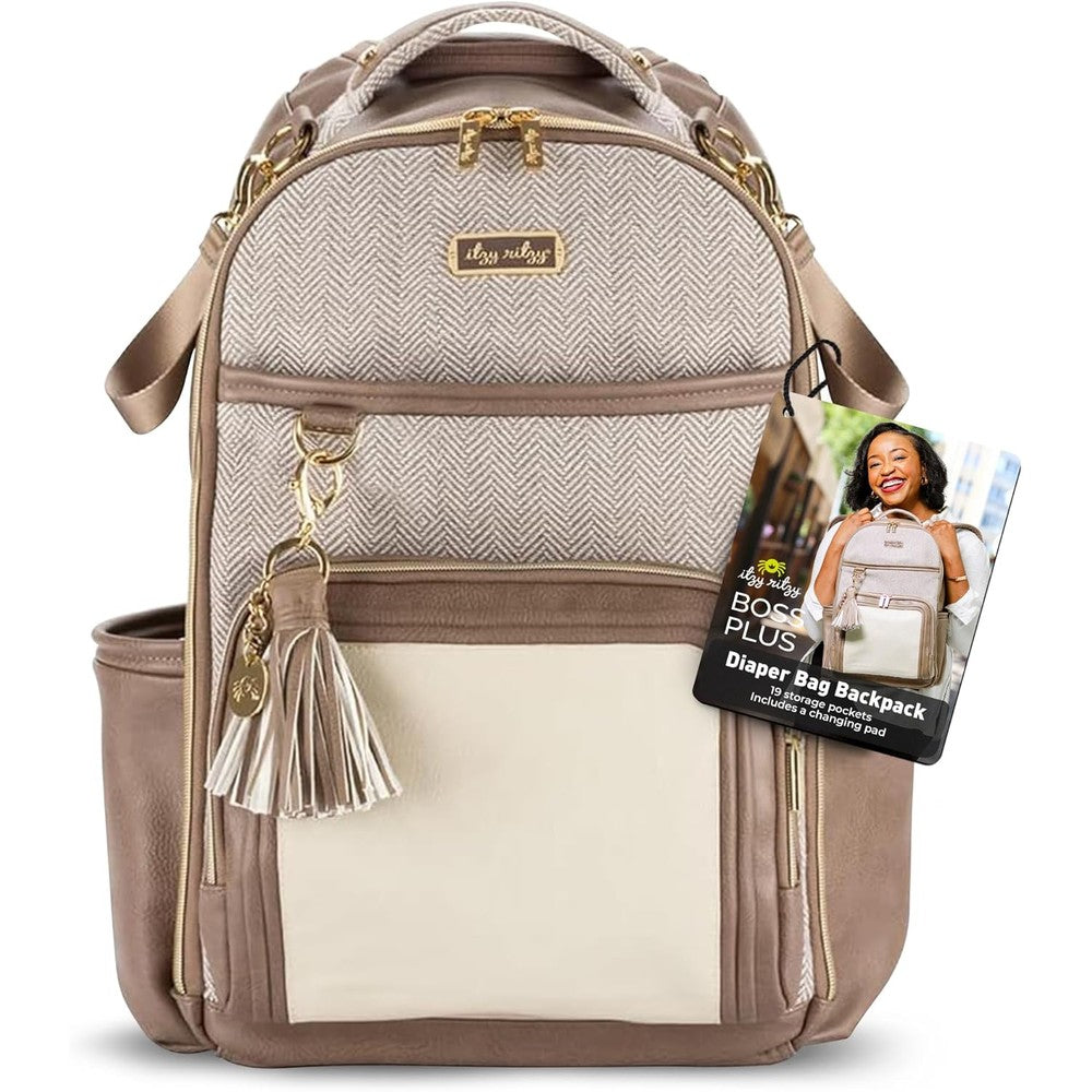 Itzy Ritzy Boss Plus diaper bag backpack in Vanilla Latte front view