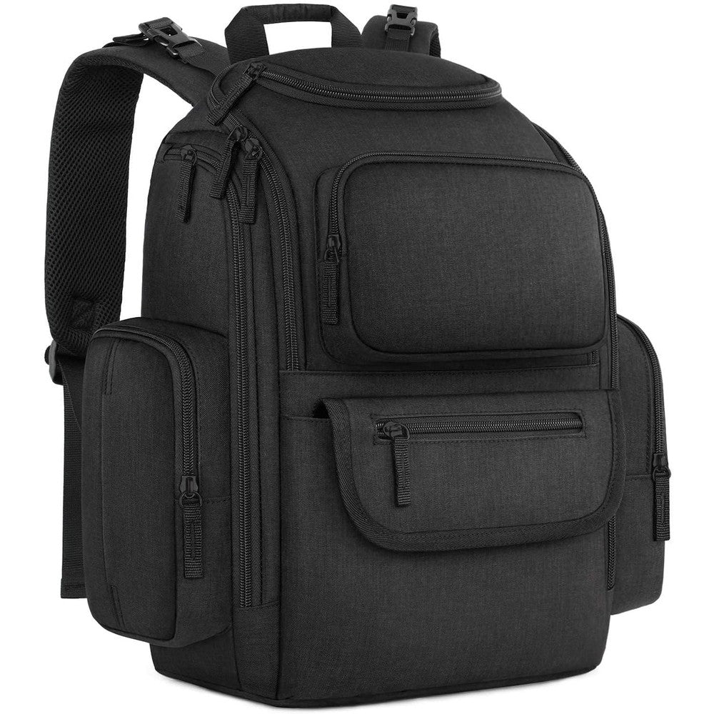 Mancro Diaper Bag Backpack front view in black color showcasing the water-resistant exterior fabric and sleek travel design