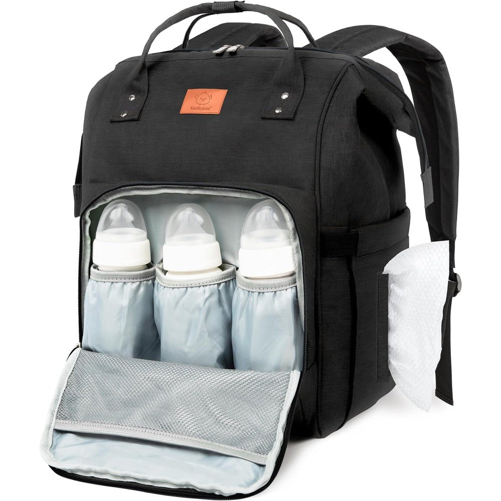 KeaBabies original baby diaper bag backpack front view in trendy black color showing structured travel design.