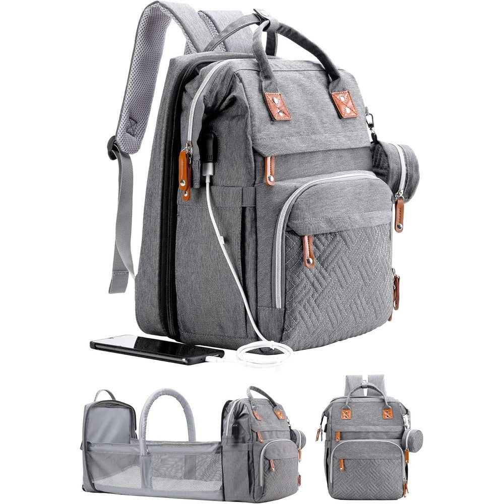 ISMGN diaper bag backpack in gray front view showcasing premium oxford fabric and zipped compartments
