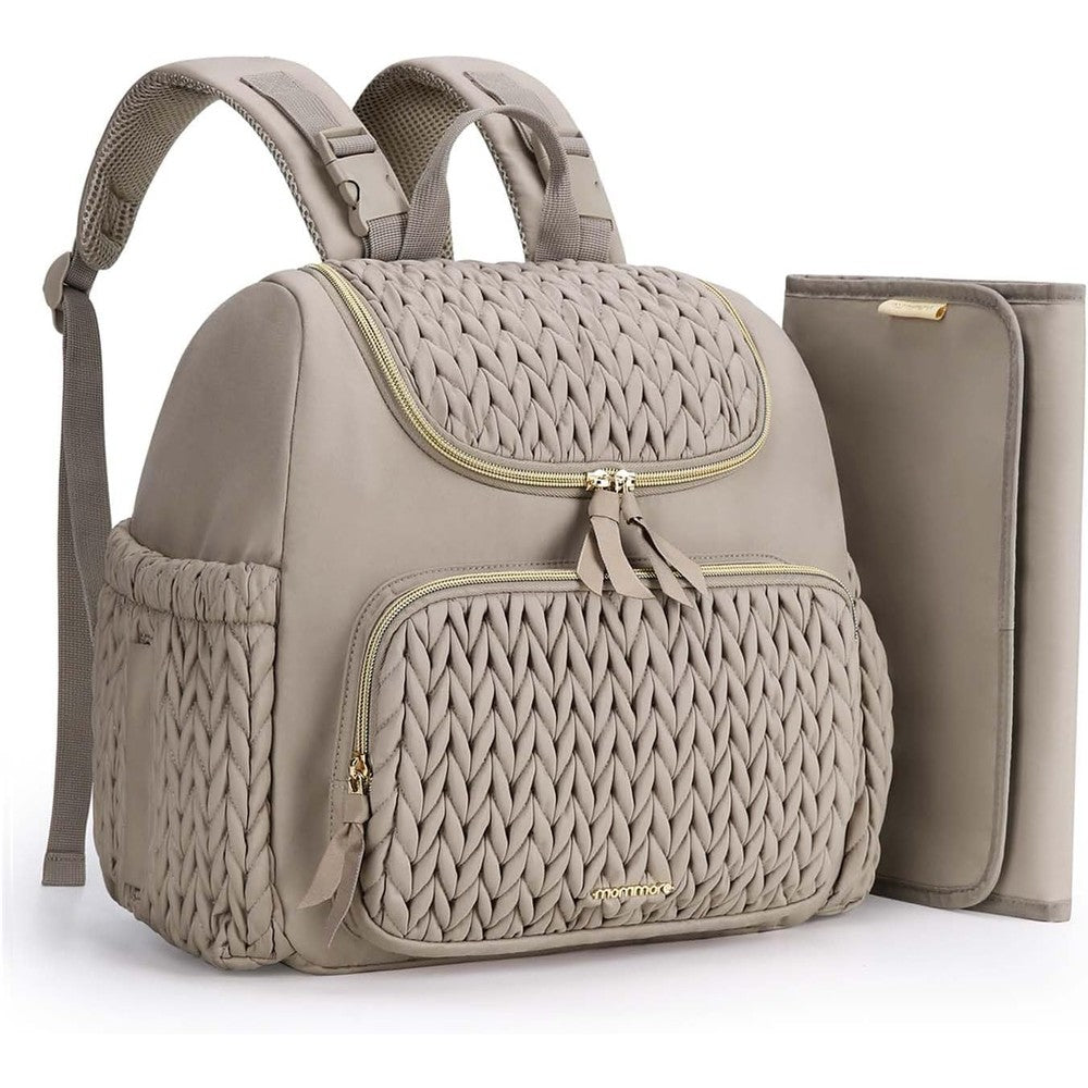 Mommore diaper bag small diaper backpack front view in quilted taupe color