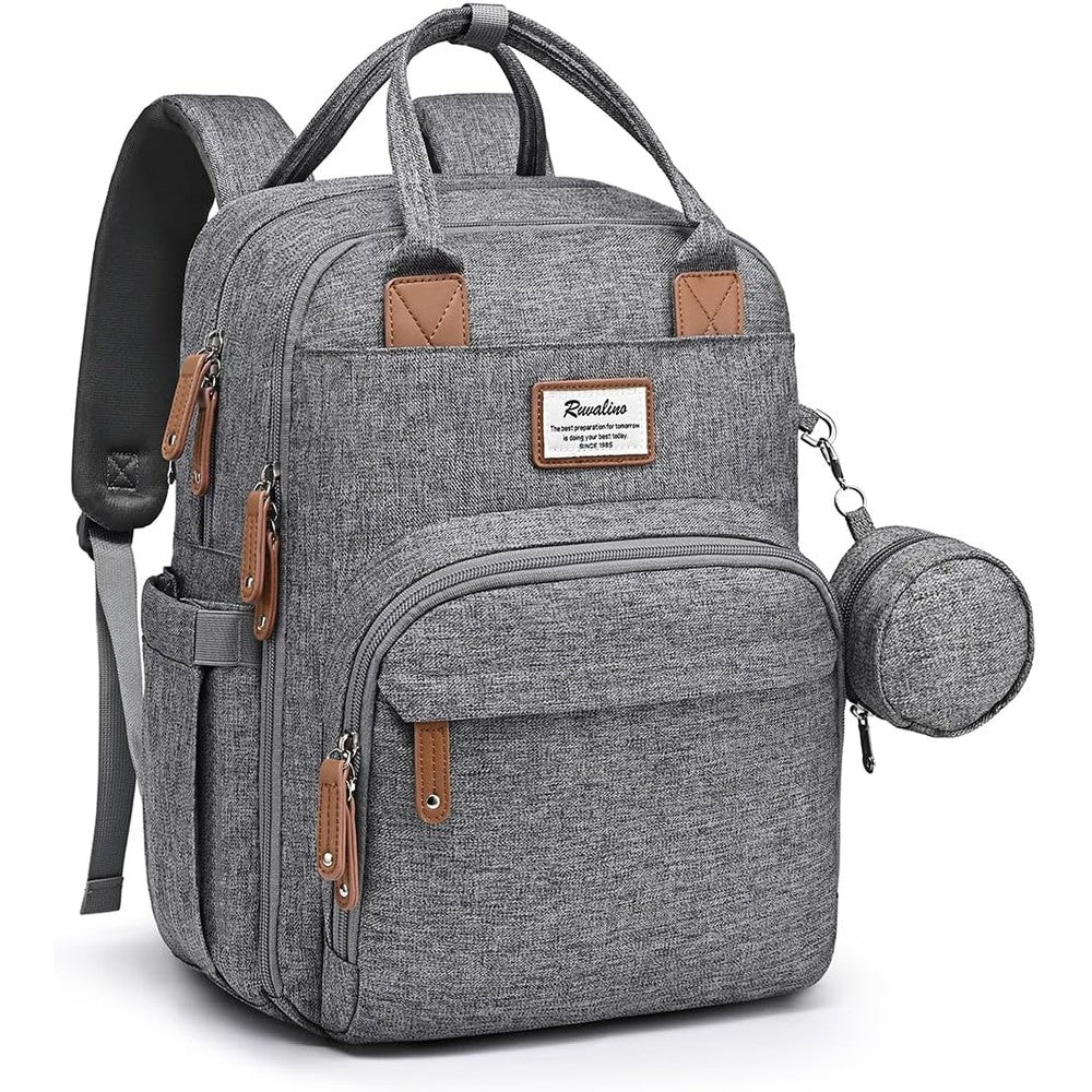RUVALINO diaper bag backpack front view in elegant dark gray color showcasing premium waterproof fabric