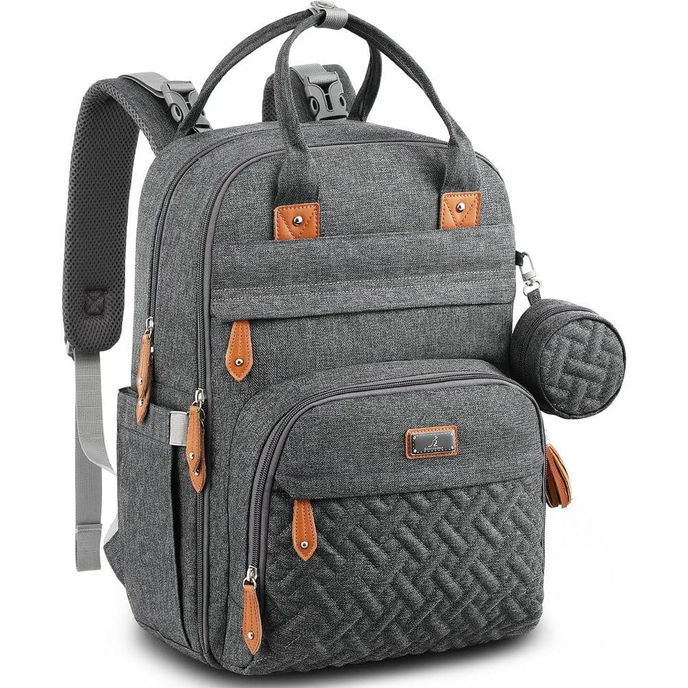 BabbleRoo diaper bag backpack dark gray front view showing main compartments and zipped pockets.