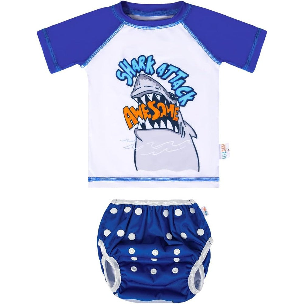 Alvababy 2-piece baby swimsuit set front view with shark graphic