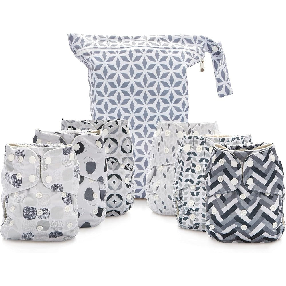Simple Being reusable cloth diapers front view in grey patterns
