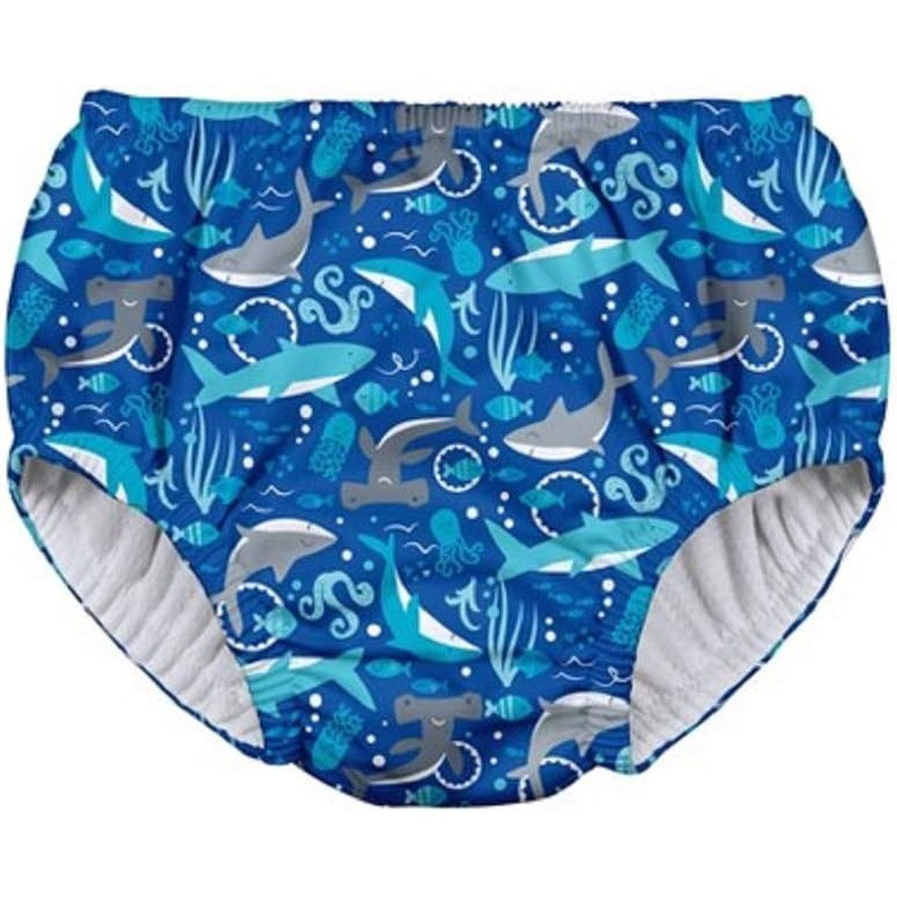 Green Sprouts Pull-up Reusable Absorbent Swimsuit Diaper in Royal Blue Sharks print front view.