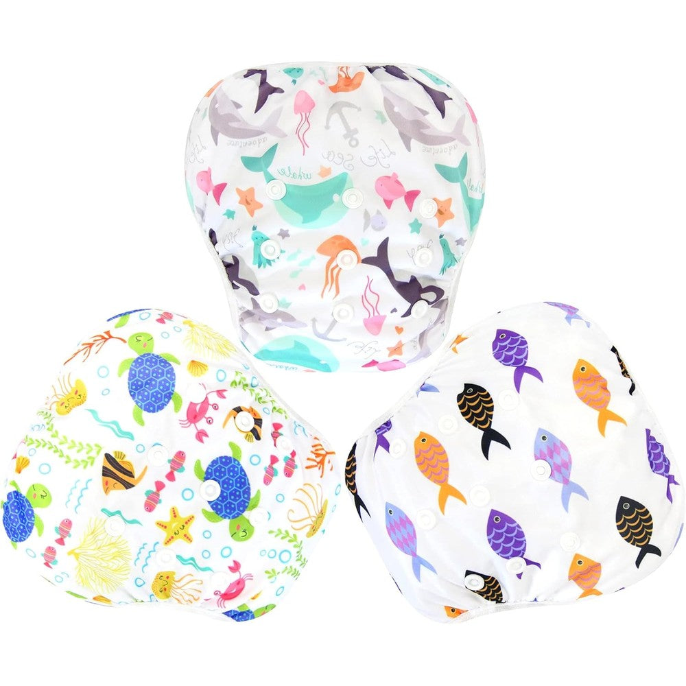 Langsprit 3 Pack Reusable Swim Diaper front view displaying sea animal prints for baby swimming lessons