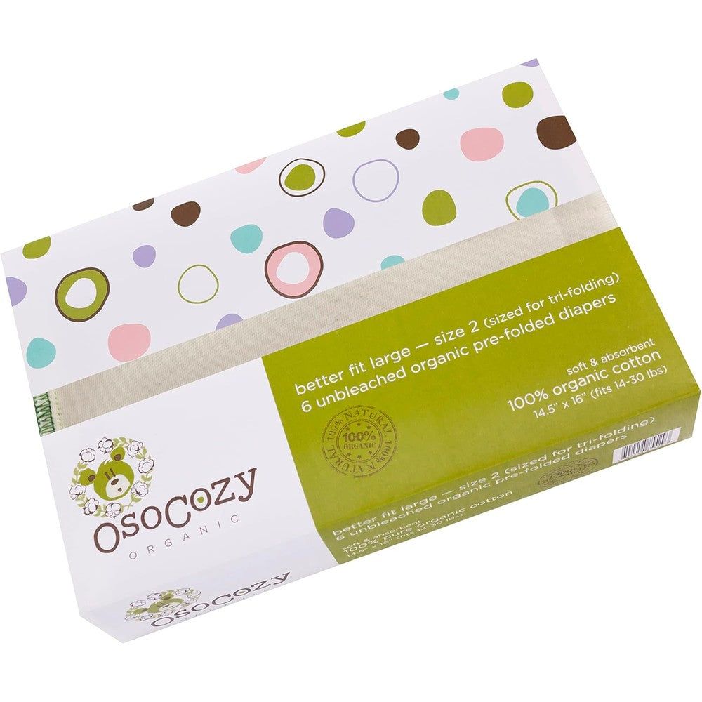 OsoCozy Organic Cotton Prefold Cloth Diapers 6 Pack front view showing pure unbleached cotton texture.