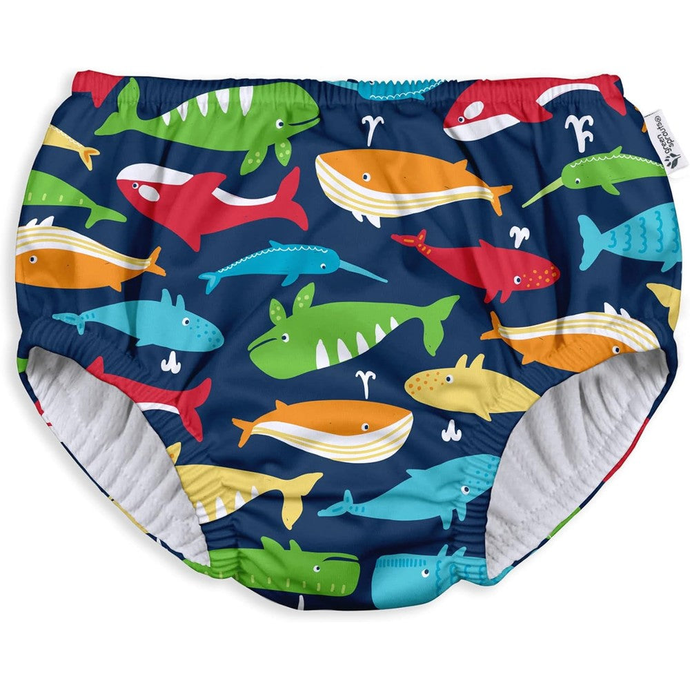 Green Sprouts reusable pull up swim diaper in Navy Whale League design showing front view