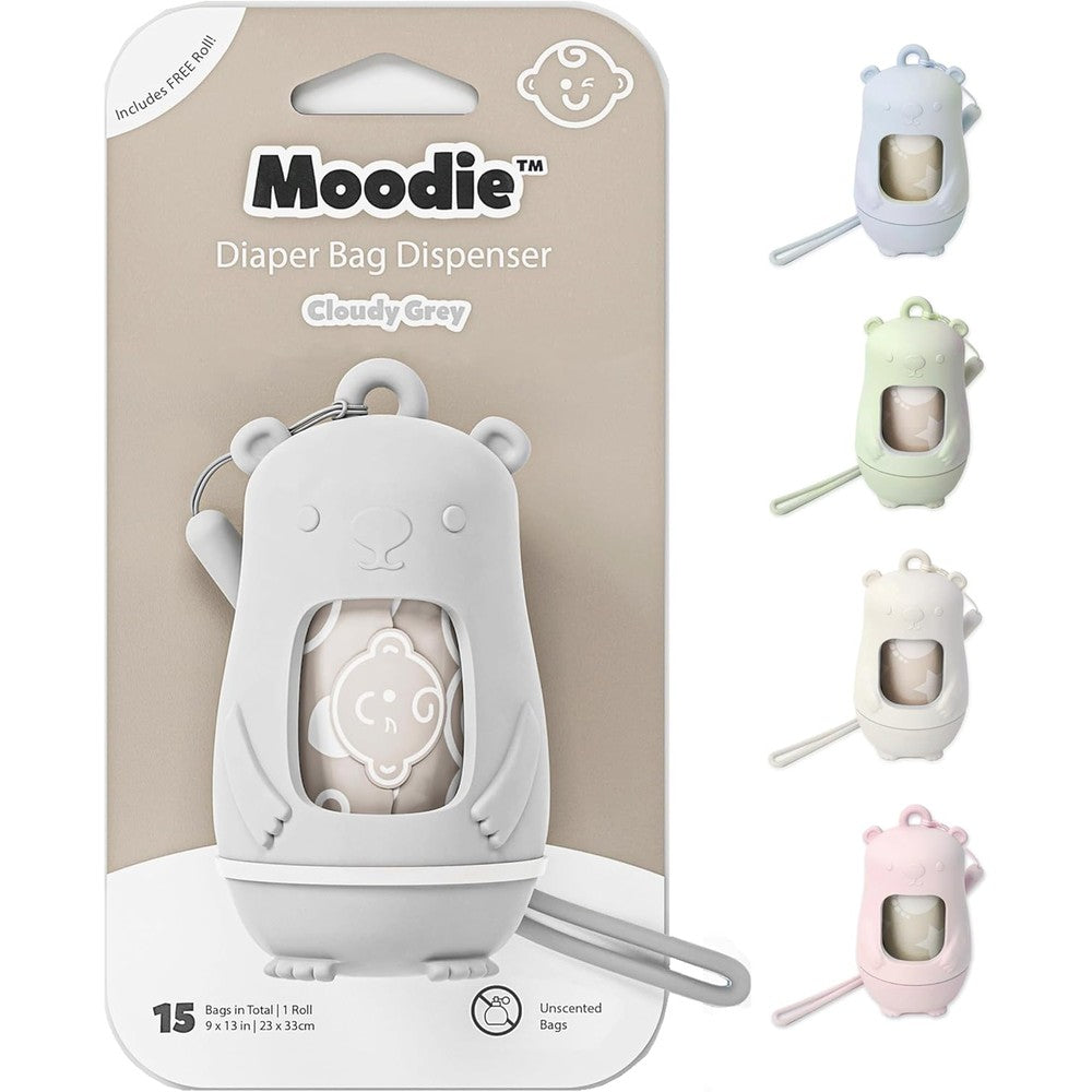 Moodie Teddy Bear Diaper Bag Dispenser front view in cloudy grey color with attached matching silicone strap.