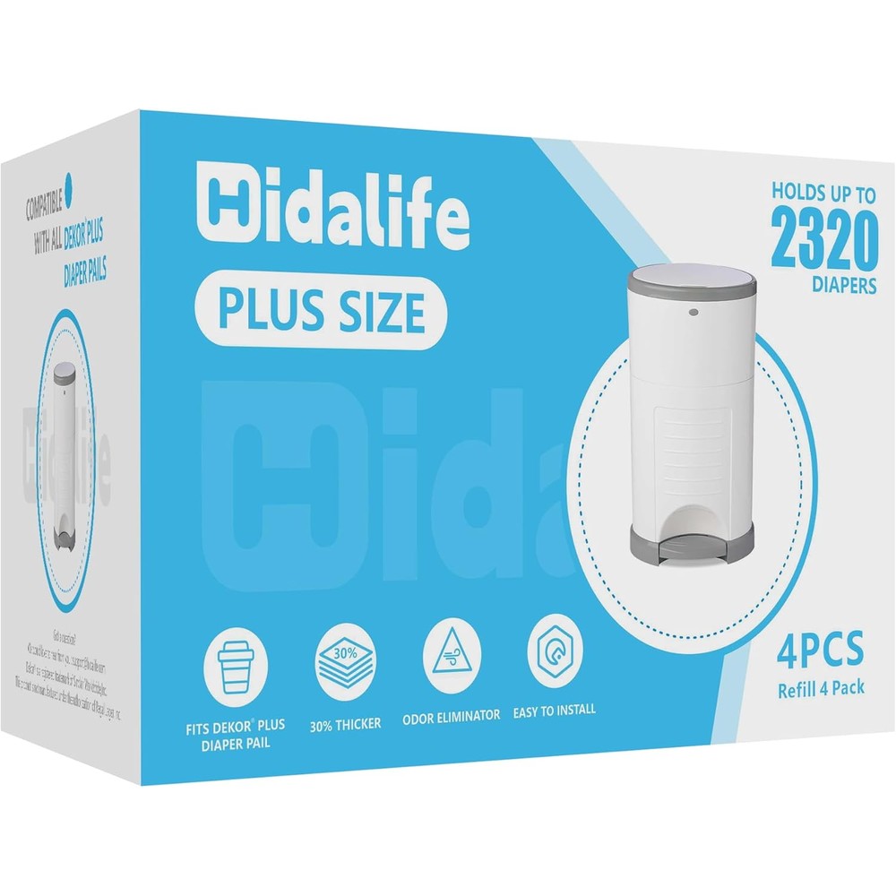 HIDALIFE diaper pail refills compatible with Dekor Plus front view package for nursery hygiene
