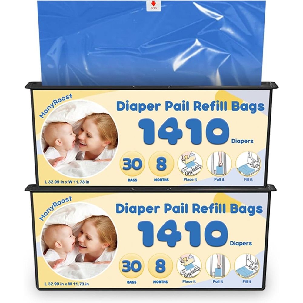 MonyRoost diaper pail refill bags two pack front view for nursery odor control
