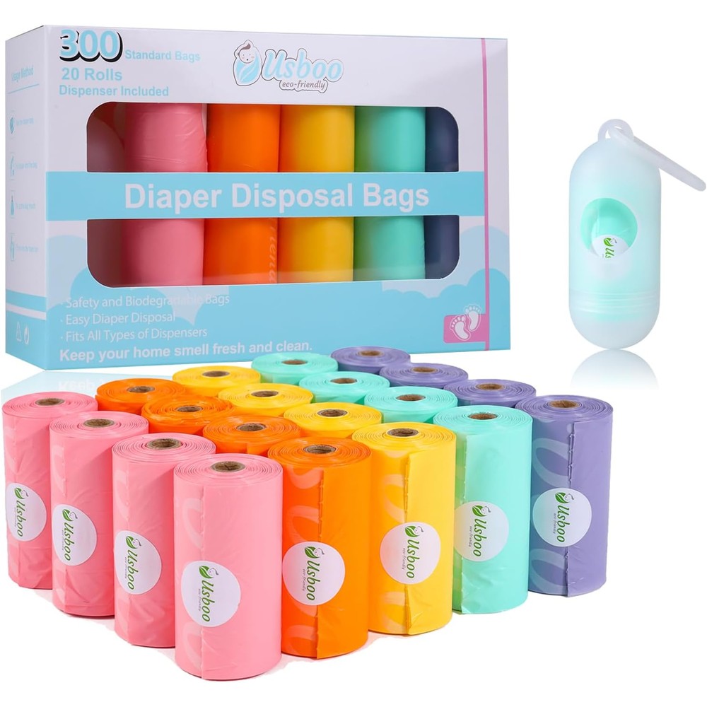 USBOO disposable diaper bags for baby front view showing twenty colorful refill rolls and a portable capsule dispenser.
