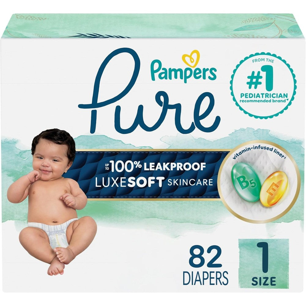 Pampers Pure Protection Size 1 eighty-two count packaging front view displaying premium hypoallergenic baby diapers.