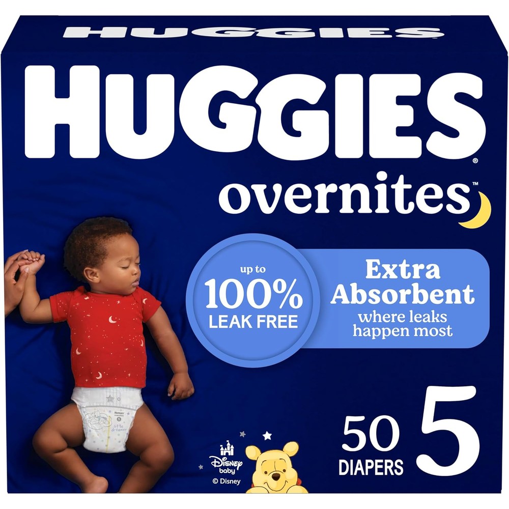 Huggies Overnites Size 5 Overnight Diapers premium retail packaging front view showcasing Winnie the Pooh designs.