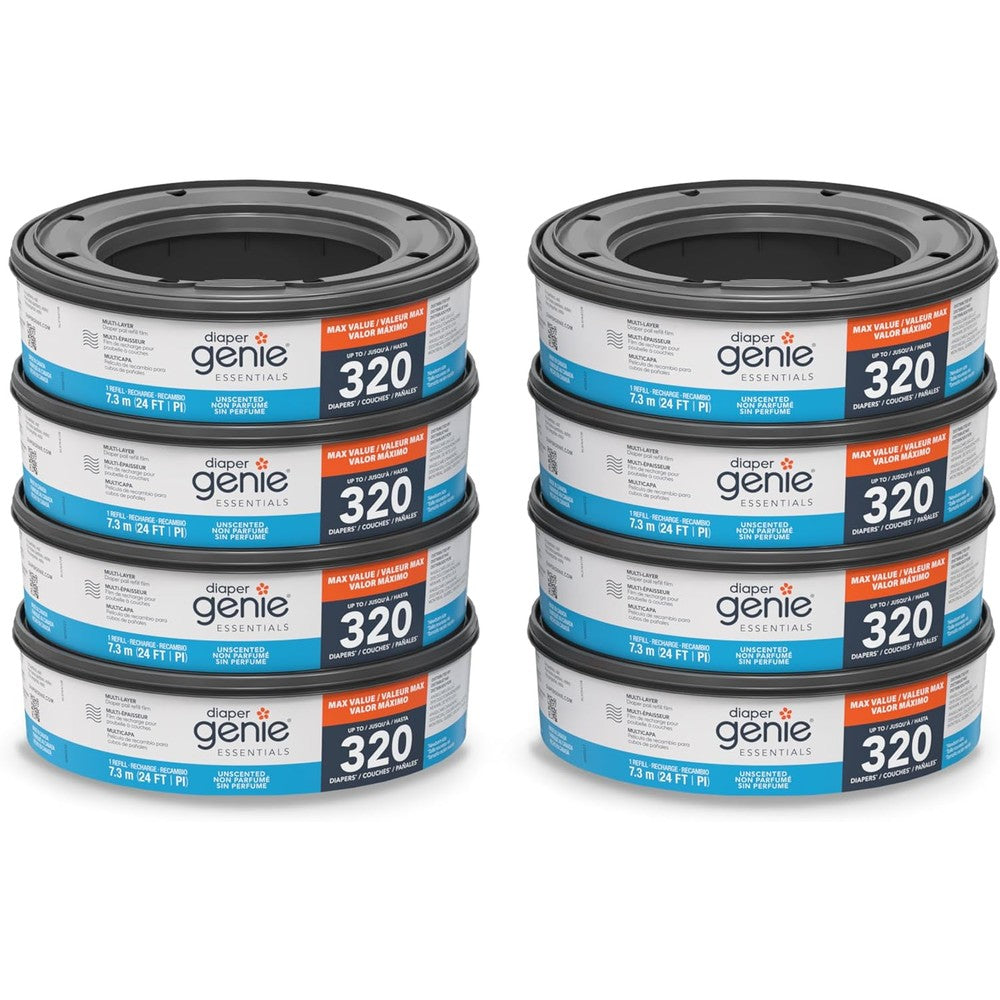 Diaper Genie Essentials Round Refill Eight Pack front view showing genuine retail box packaging
