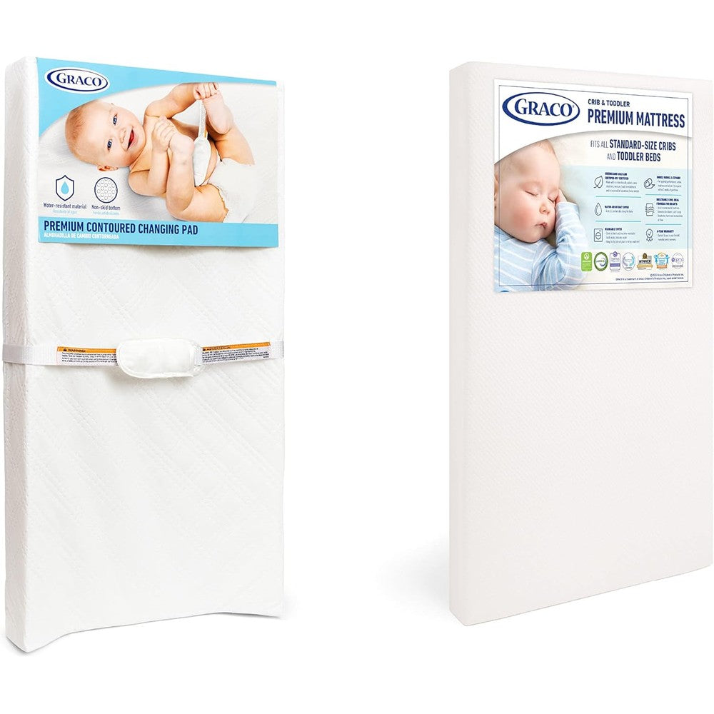 Graco Premium Nursery Essentials bundle with crib mattress and changing pad.