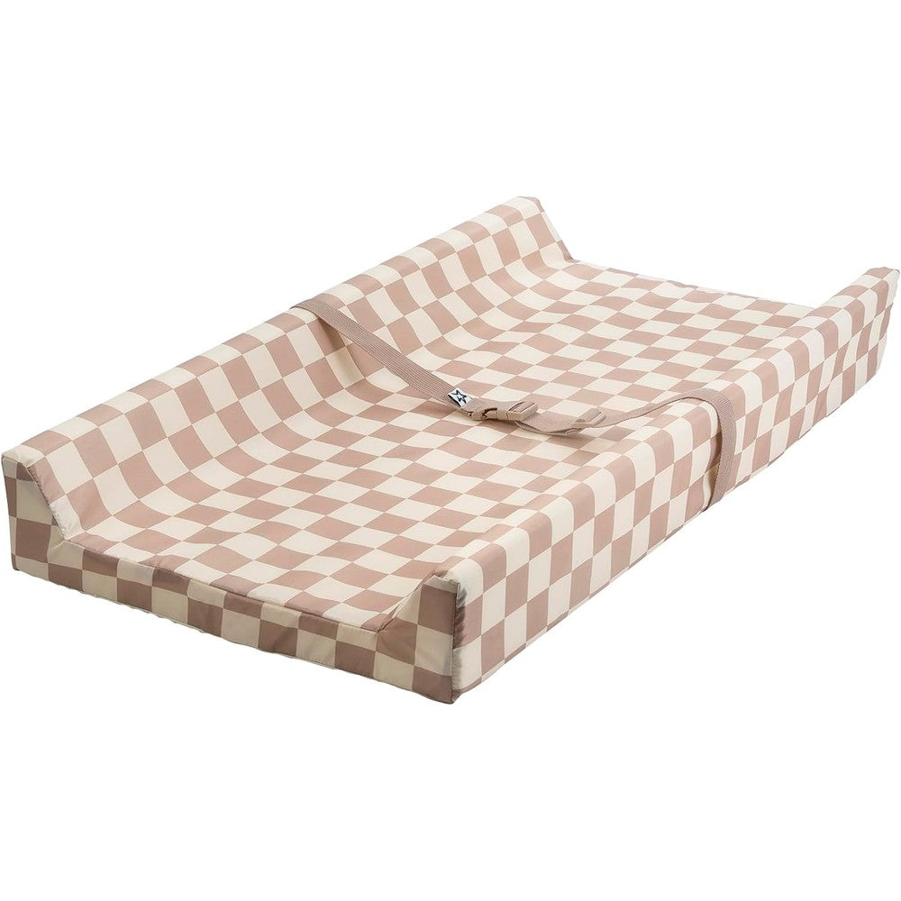 Tiny Twinkle waterproof baby changing pad in beige checkers front view