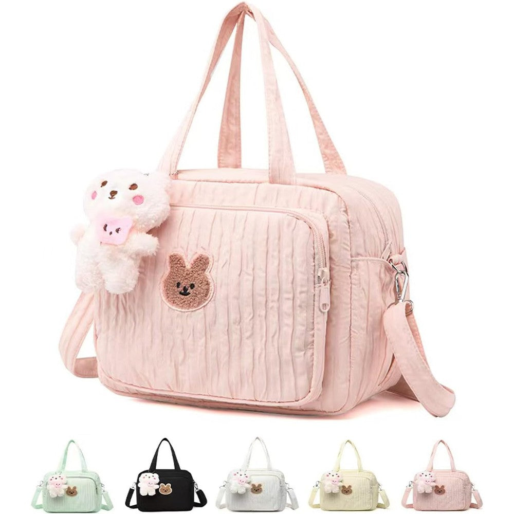 Lushandy quilted pink diaper bag tote front view with bear toy