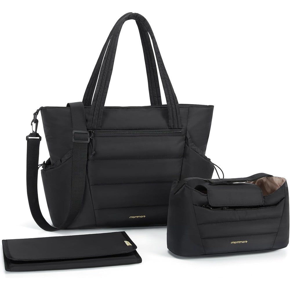 Mommore diaper bag tote front view in black