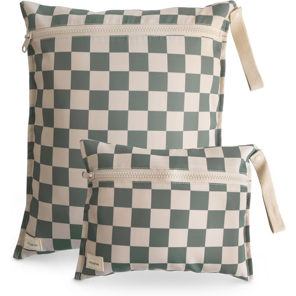 Mushie water resistant wet bags olive check front view for baby essentials