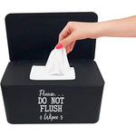 Moorfowl baby wipes dispenser front view showcasing the clear text warning sign on the black container