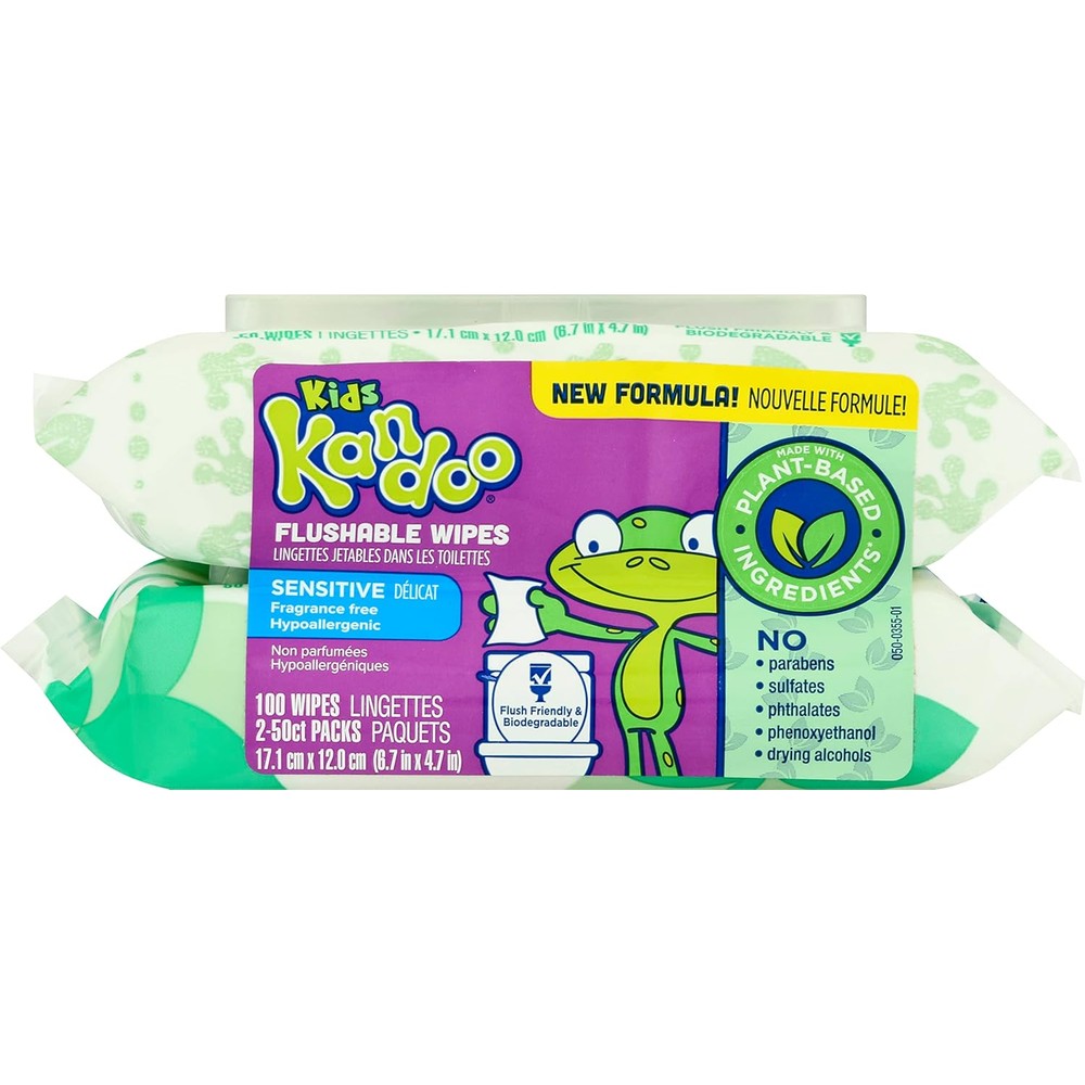 Kandoo Flushable Wipes Sensitive Toddler 100 Count pack front view