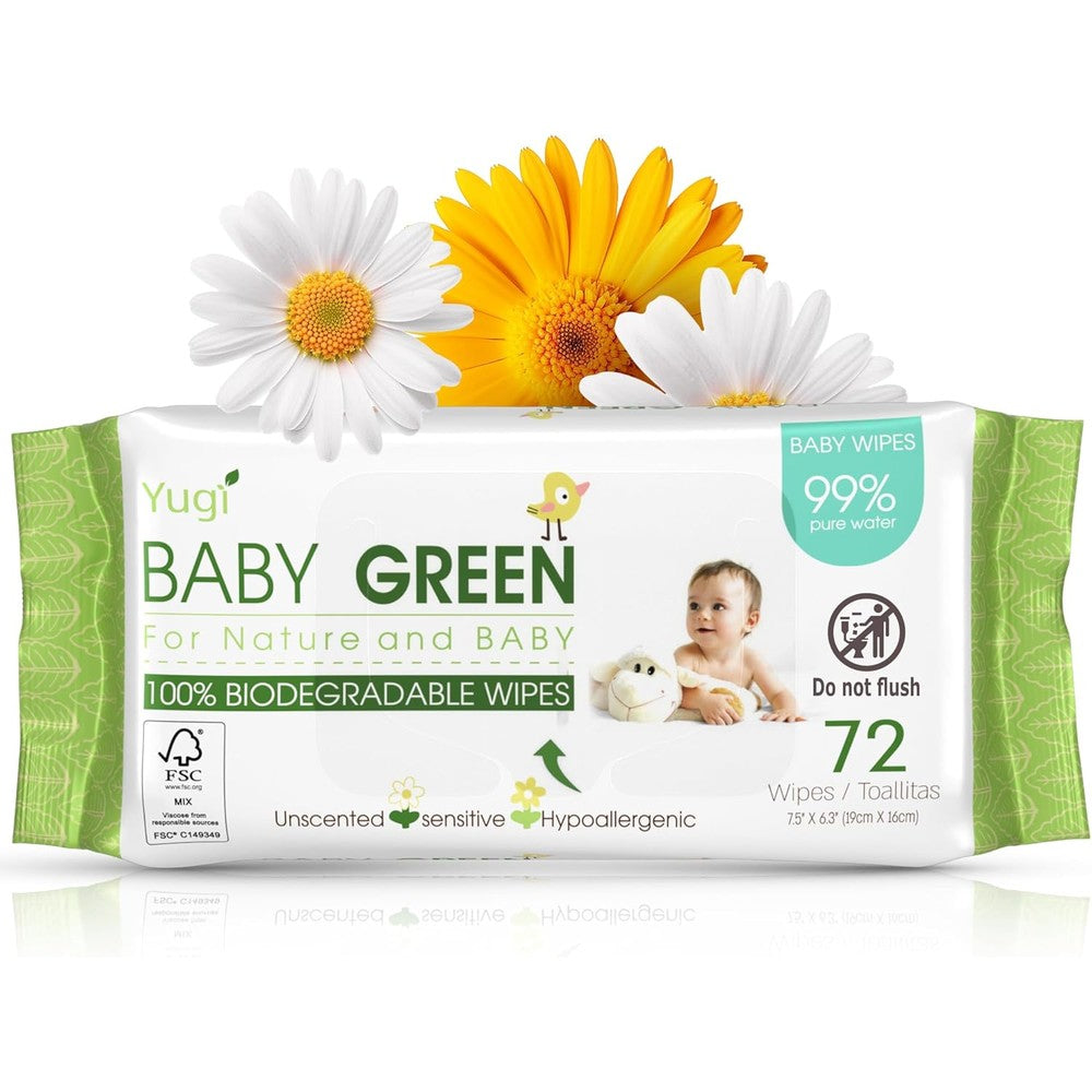 Yugi Baby Green unscented compostable baby wipes front packaging