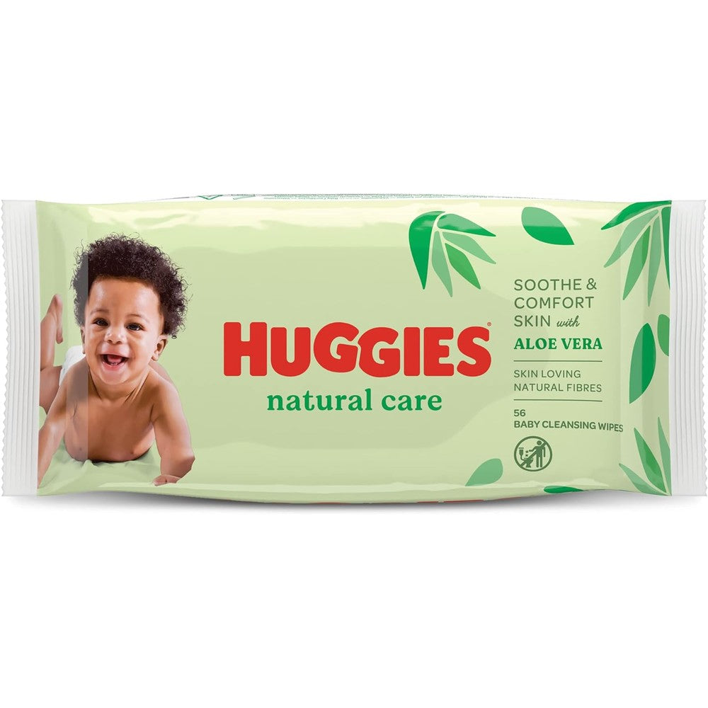 Huggies Natural Care baby wipes with aloe vera 56 count front packaging view