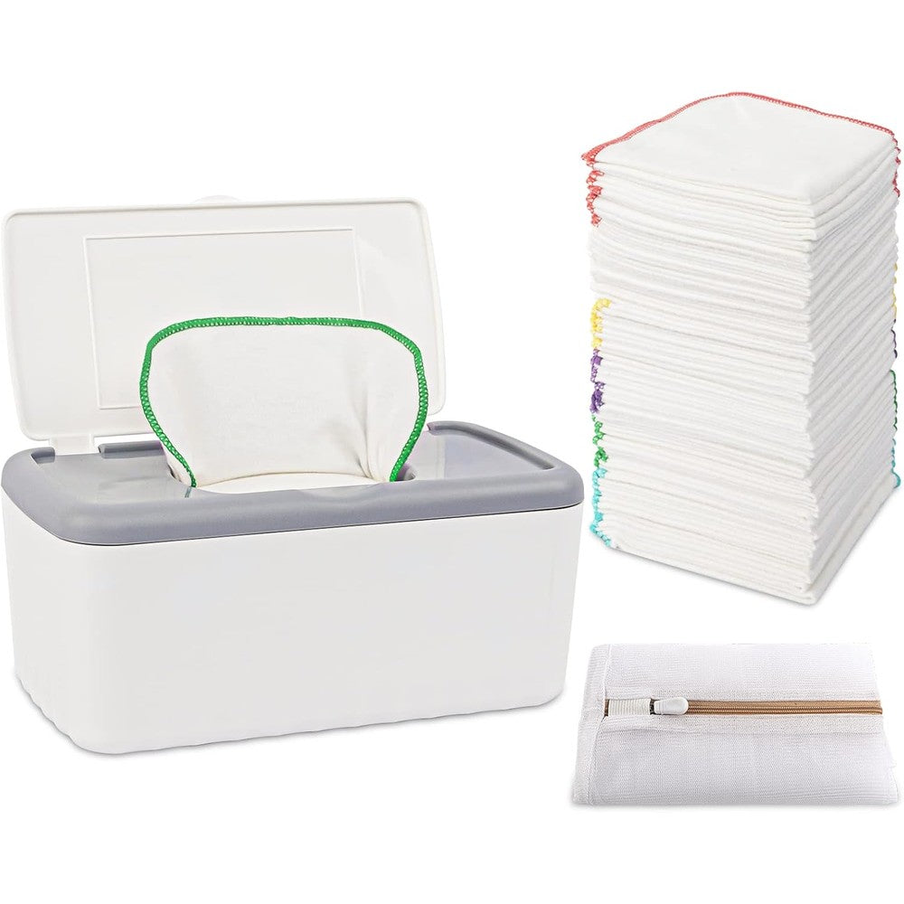 Famoplay 54 pack flannel cloth baby wipes with white storage dispenser