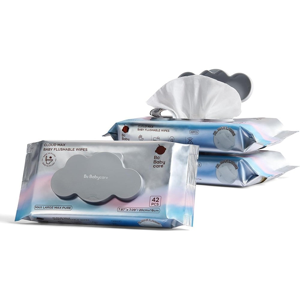 Bc Babycare Cloud Max Flushable Wipes packaging front view showing three packs for toddler potty training.