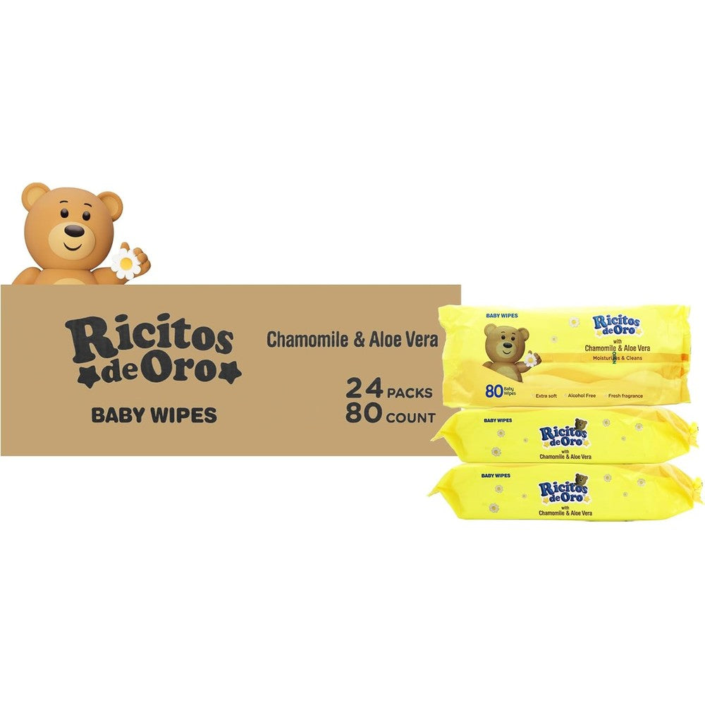 Ricitos de Oro Baby Wipes with Chamomile and Aloe Vera 80 count front view package.