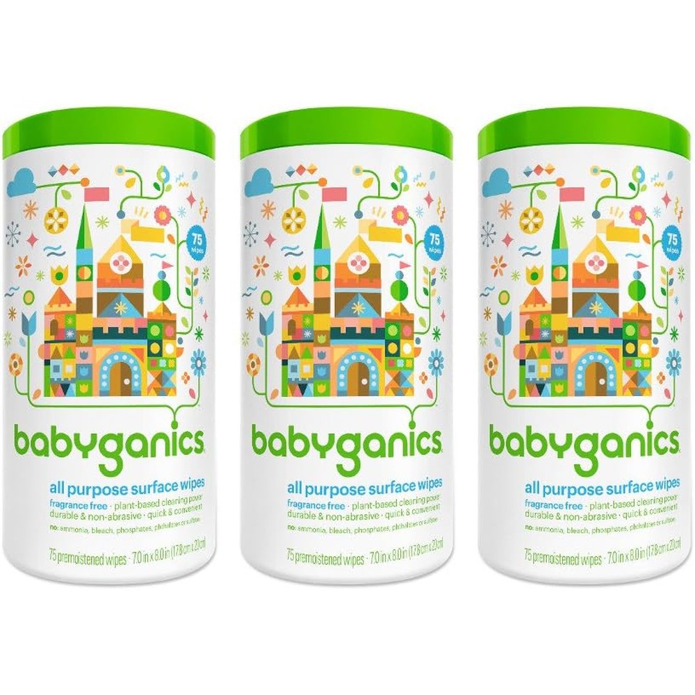 BabyGanics All Purpose Surface Wipes Unscented 75 Count Pack of 3 front view canister packaging
