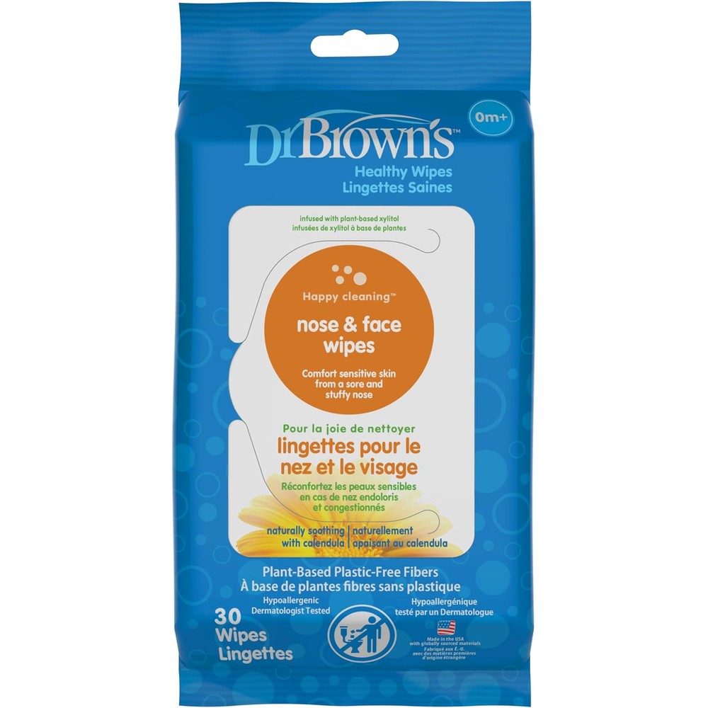Dr. Brown's Nose and Face Healthy Wipes 30 count front pack shot for baby skin care