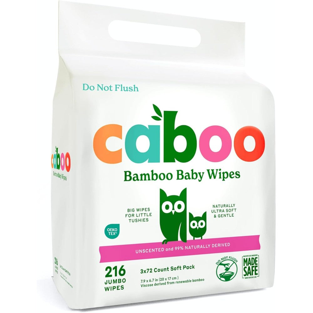 Caboo Bamboo Baby Wipes bundle front view showing eco friendly packaging with green cartoon cat graphic