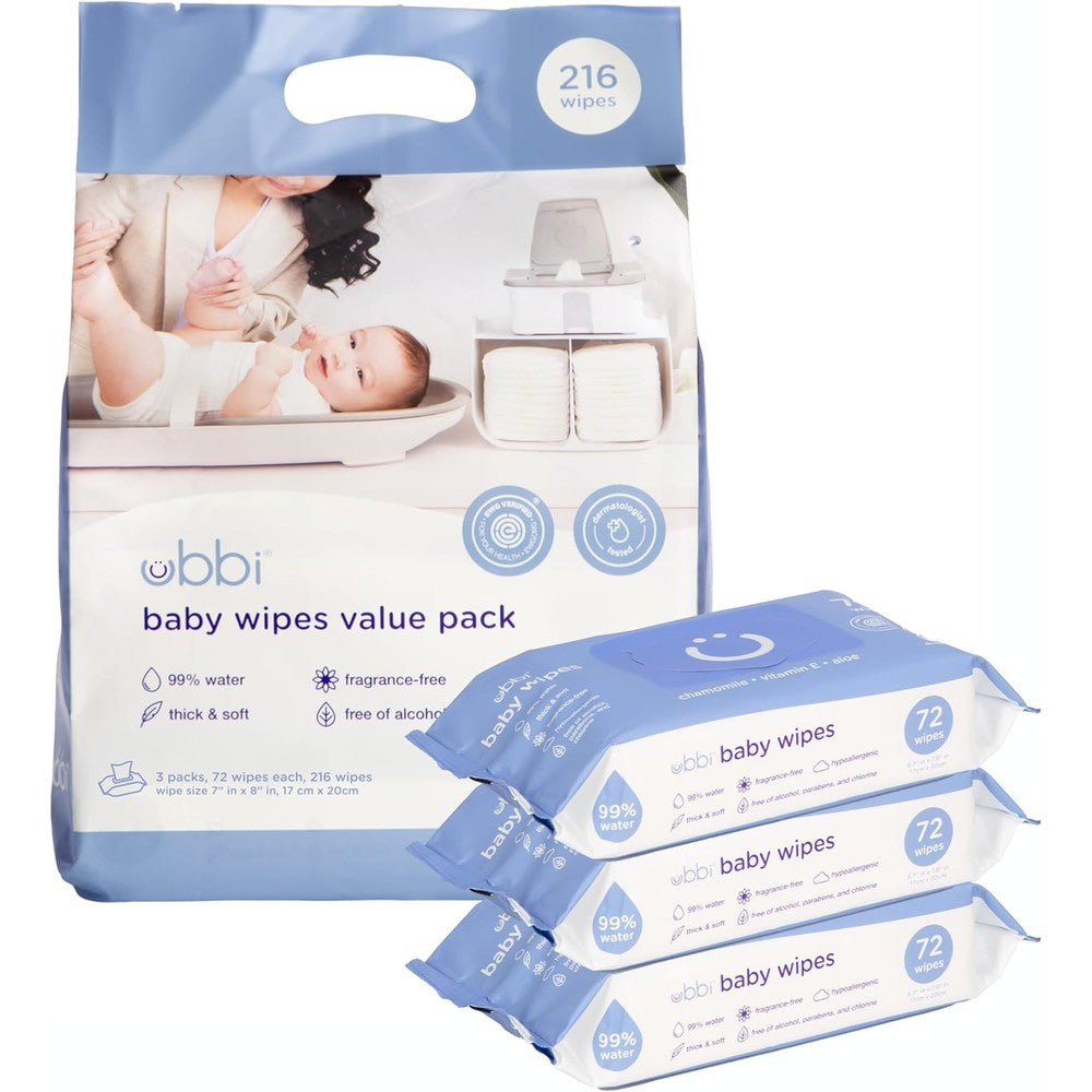 Ubbi Fragrance Free Baby Wipes front view of three pack value bundle