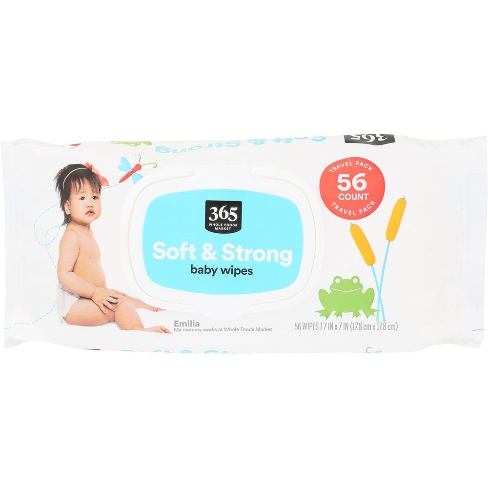 365 by Whole Foods Market Soft And Strong Disposable Baby Wipes front view pack of 56 count for sensitive skin care