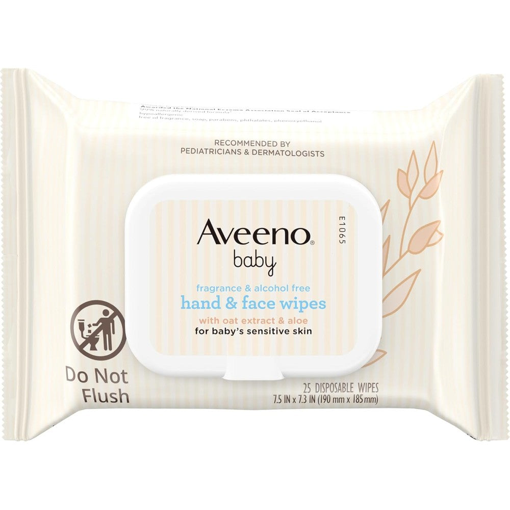 Aveeno Baby Fragrance Free Hand And Face Wipes 4 pack front view showing sensitive skin formula packaging.