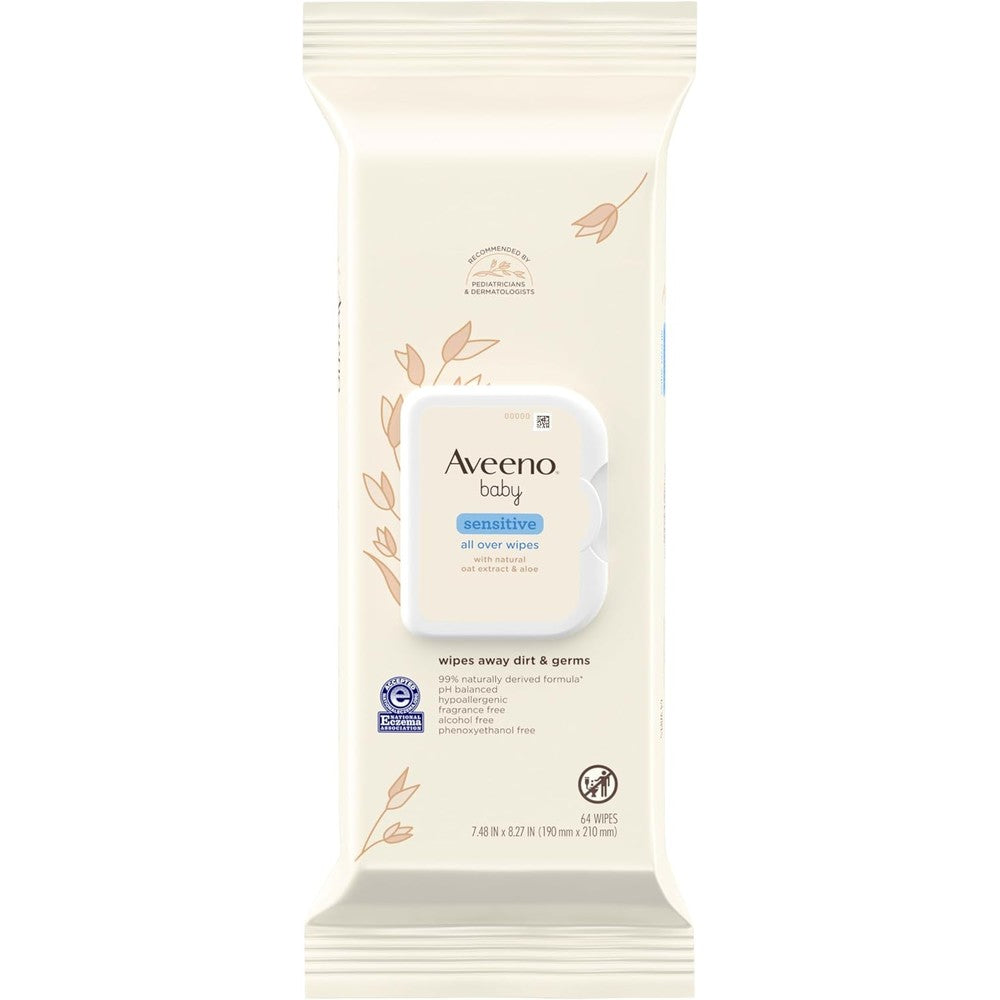 Aveeno Baby Sensitive All Over Wipes 64 count front pack view showing premium USA import sticker