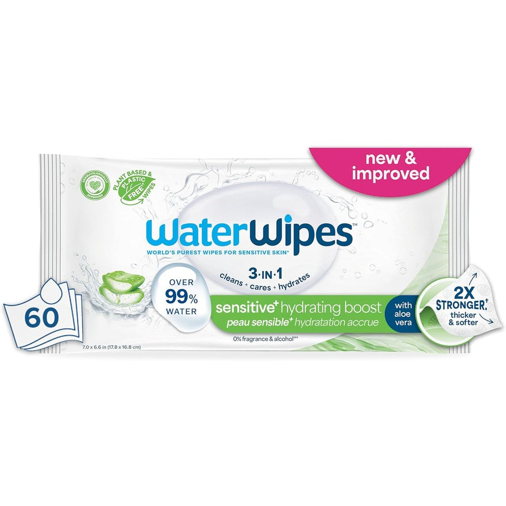 WaterWipes Sensitive Plus Hydrating Boost Wipes 60 count pack front view showcasing authentic USA import packaging